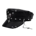 Punk style black leather flat top hat with silver skull, studs and cross chains. - M (56-58cm) / Black Solid Brim Double Rings Style (P-P401)