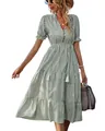 Elegant green striped V-neck midi dress with short sleeves and drawstring tassel waist details. - S / Green