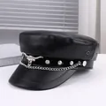 Black faux leather punk flat top military cap with silver bull head and chain - M (56-58cm) / Black Bull Head Metal Decor Style (P-P356)