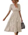 Elegant beige striped V-neck dress with short sleeves and elastic waist - S / Khaki
