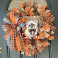 Handmade autumn harvest wreath with orange mesh ribbons and kitten pumpkin sign for door - Cat & Pumpkin (Style 9) / 45cm (Without Light)
