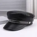 Black faux leather military cap with sparkling rhinestone trim and silver accents - M (56-58cm) / Black Transparent Rhinestone Strip Style (P-P356)
