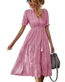 Pink striped V-neck midi dress with short ruffle sleeves and elastic waist for women - S / Pink