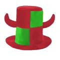 Close-up detail of a red and green checkered plush fan hat with decorative horns - Red Horns / One Size Fits All (56-60)