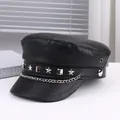 Punk style black faux leather military cap featuring silver star studs and chain - M (56-58cm) / Black Stars Metal Style (P-P356)