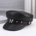 Punk style black faux leather flat top cap decorated with butterfly and star rivets detail. - M (56-58cm) / Black Butterfly Metal Style (P-P356)