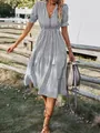 Bohemian grey and white striped V-neck tiered midi dress with short puff sleeves - Gray