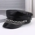 Punk style black leather flat-top hat with decorative multi-layer silver metal chains - M (56-58cm) / Black Three Chains Metal Style (P-P356)