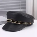 Black punk style faux leather flat top cap with gold chain decoration - M (56-58cm) / Black Gold Chain Decor Style (P-P356)