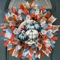 Autumn harvest wreath with blue and white pumpkins and maple leaf ribbons - Welcome Harvest (Style 14) / 45cm (Without Light)