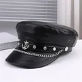 Black leather punk military hat with silver anchor emblem and decorative chain detail - M (56-58cm) / Black Anchor Metal Style (P-P356)