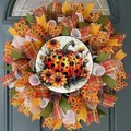 Handcrafted autumn Thanksgiving harvest wreath with pumpkin centerpiece and mesh ribbons - Sunflower Ribbon (Style 15) / 45cm (Without Light)