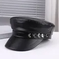 Stylish black faux leather punk flat top cap decorated with silver chevron metal studs - M (56-58cm) / Black Arrow Metal Style (P-P356)