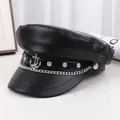 Black leather punk flat-top hat with silver anchor and chain detail - M (56-58cm) / Black Anchor Vintage Style (P-P264)