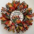 Autumn harvest door wreath with pumpkin and Happy Fall Y'ALL ribbon mesh design - Happy Fall Y'ALL (Style 16) / 45cm (Without Light)