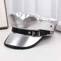 Metallic silver flat-top punk cap featuring a black leather strap with metal buckle - M (56-58cm) / Silver Black Leather Buckle Style (P-P264)