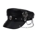 Black punk style faux leather military cap with silver skull and chain decoration - M (56-58cm) / Black Skull Punk Style (P-P401)