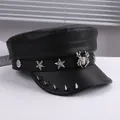 Punk style black PU leather flat-top hat with silver spider, stars and cone spikes. - M (56-58cm) / Black Spider Metal Decor Style (P-P355)
