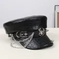 Punk style black faux leather flat top cap with silver spider, chains and rivets. - M (56-58cm) / Black Spider Chain Studded Style (P-P441)