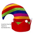 Rainbow striped jester hat with red trim and white pom-poms for carnival parties - Curved Clown Hat / One Size Fits All (56-60)