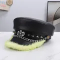 Punk black leather flat top hat with skull studs and neon yellow fur brim - M (56-58cm) / Black Three Skulls Plush Style (P-P448)