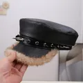 Black leather punk flat top cap with silver spikes and brown faux fur brim - M (56-58cm) / Black Long Studs Plush Brim Style (P-P417)