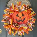 Festive handmade pumpkin mesh wreath with colorful ribbons for autumn and Halloween door decor - Pumpkin Smiley (Style 26) / 45cm (Without Light)