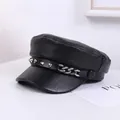 Black faux leather punk flat top cap with decorative silver studs and chain detail - M (56-58cm) / Black (P-P257)
