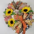 Handmade autumn harvest wreath with sunflowers, leopard ribbons, and fall pumpkins - Leopard Sunflower (Style 27) / 45cm (Without Light)