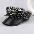 Punk style leopard print leather flat cap with decorative silver metal spikes and black brim - M (56-58cm) / Black White Leopard Smooth Brim Style (P-P314)