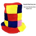 Checkered carnival top hat featuring vibrant red yellow and blue patchwork patterns - Colorful Plaid Carnival Hat / One Size Fits All (56-60)