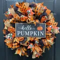 Handmade autumn harvest wreath featuring hello pumpkin sign and vibrant orange mesh ribbons - Hello Pumpkin (Style 28) / 45cm (Without Light)