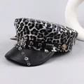 Stylish punk leopard print flat top hat featuring silver spikes and spider decoration - M (56-58cm) / Black White Leopard Studded Brim Style (P-P314)