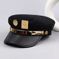 Cosplay flat top hat inspired by Jotaro Kujo featuring golden hand badge and punk metal trim - M (56-58cm) / Black Gold Square Decor Style (P-P314)