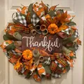 Autumn Thanksgiving harvest wreath with pumpkin, maple leaves and Thankful sign - Thankful Style (Style 30) / 45cm (Without Light)