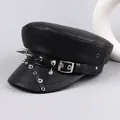 Unique punk style black leather flat top cap with silver metal spikes and rivets - M (56-58cm) / All Black Studded Brim Style (P-P314)