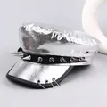 Silver metallic punk flat top hat featuring long silver spikes and brim rings for cosplay - M (56-58cm) / Silver White Three Rings Punk Style (P-P314)