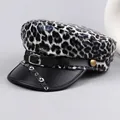 Punk style leopard print leather flat top hat with silver rivets and buckle detail - M (56-58cm) / Black White Leopard Studded Buckle Style (P-P321)