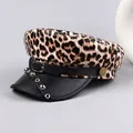 Leopard print punk style flat top hat with black leather brim and silver rivet details - M (56-58cm) / Khaki Leopard Studded Buckle Decor Style (P-P321)