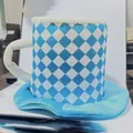 Bavarian blue and white checkered fan hat in a beer mug shape with fuzzy rim. - Blue Plaid Print / One Size Fits All (56-60)