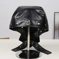 Punk black leather skull bandana cap with silver rivets and metal crossbones emblem - M (56-58cm) / Pirate Black Silver Skull Style (H-10)