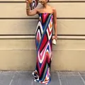Vibrant multi-color abstract wave print strapless maxi dress for a bold summer style - S / Print