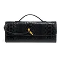 Elegant black snake pattern women's baguette clutch bag with a distinctive gold knot clasp - Black