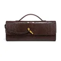 Elegant brown snake-embossed leather baguette clutch bag with luxury gold knot closure - Chocolate