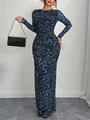 Elegante abito lungo in rete con stampa leopardata blu e maniche lunghe da donna - S / Blu