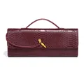 Elegant burgundy snakeskin embossed baguette clutch with stylish gold metal knot clasp - Burgundy