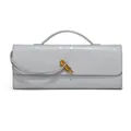 Elegant grey snake-patterned horizontal baguette clutch bag with gold-tone knot buckle - Agate Grey