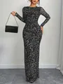 Elegante abito lungo attillato a maniche lunghe in mesh con stampa leopardata da donna - S / Grigio