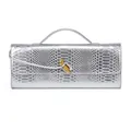 Elegant silver snakeskin baguette clutch with a distinctive gold knot buckle closure. - Silver
