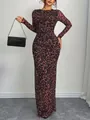 Detailed view of elegant leopard print slim-fit mesh long-sleeved maxi dress for women - S / Coral